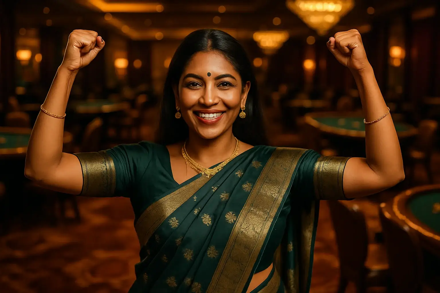 Confident Bangladeshi woman in elegant saree celebrating with raised arms in casino lounge