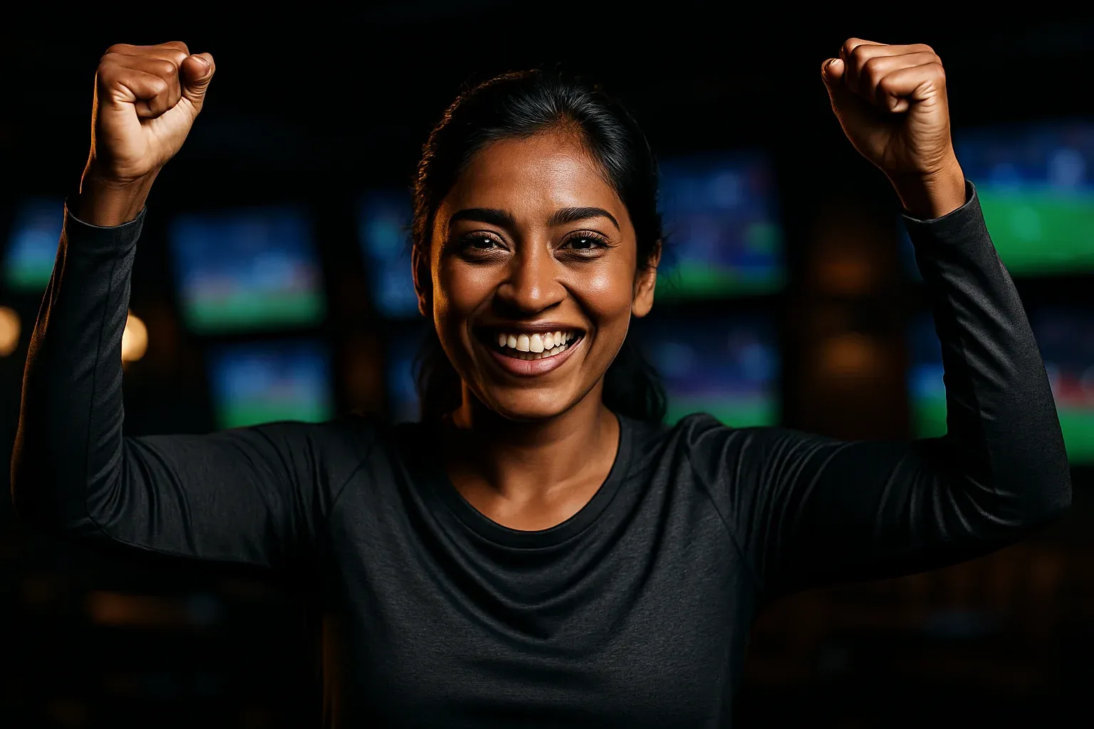 Joyful Bangladeshi woman in modern sportswear celebrating with arms raised