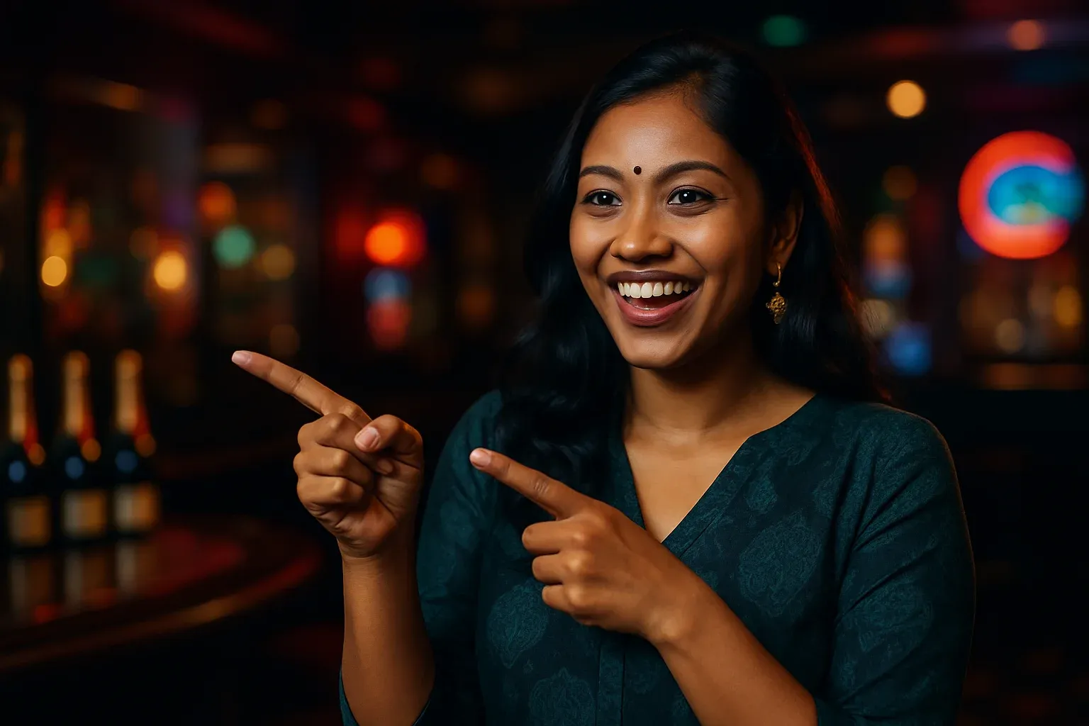 Happy Bangladeshi woman pointing at a win in casino bar