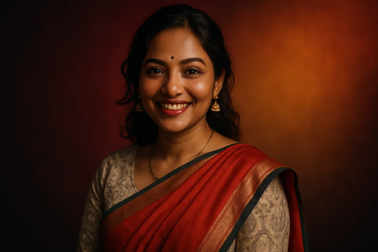 High-resolution portrait of happy Bangladeshi woman in modern fusion wear