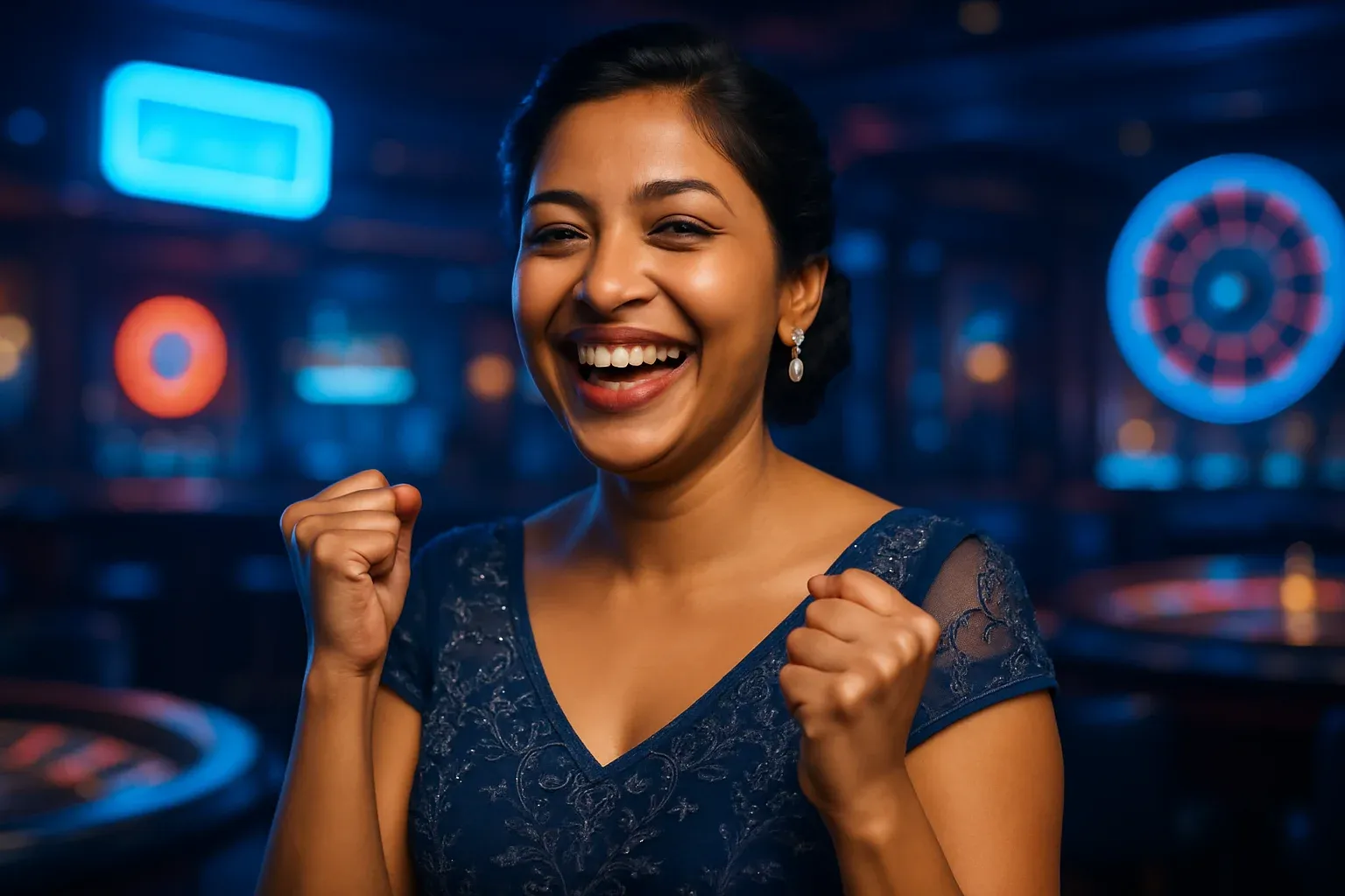 Joyful Bangladeshi woman in evening dress celebrating at neon casino bar