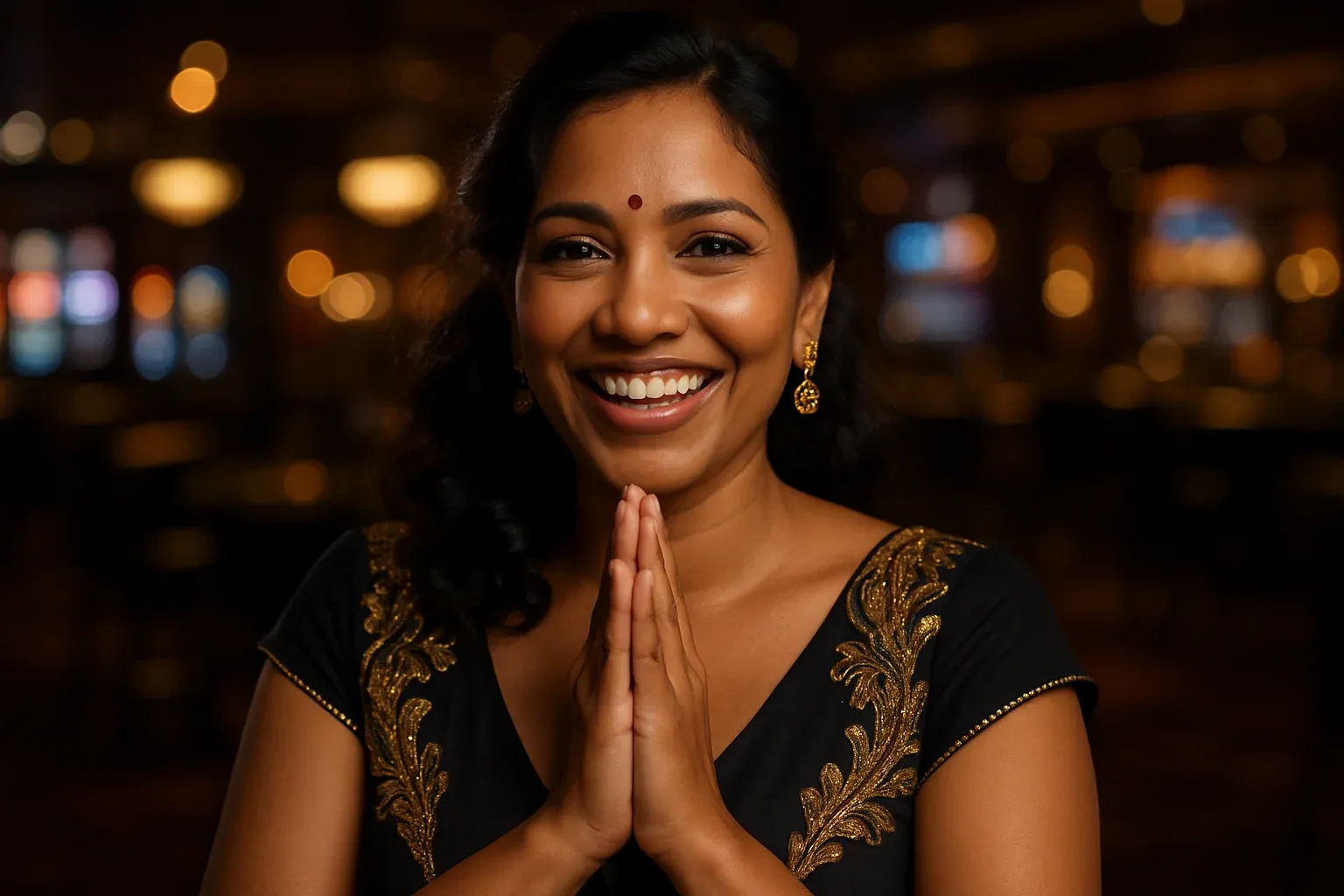 Joyful Bangladeshi woman celebrating in evening dress at blurred casino bar