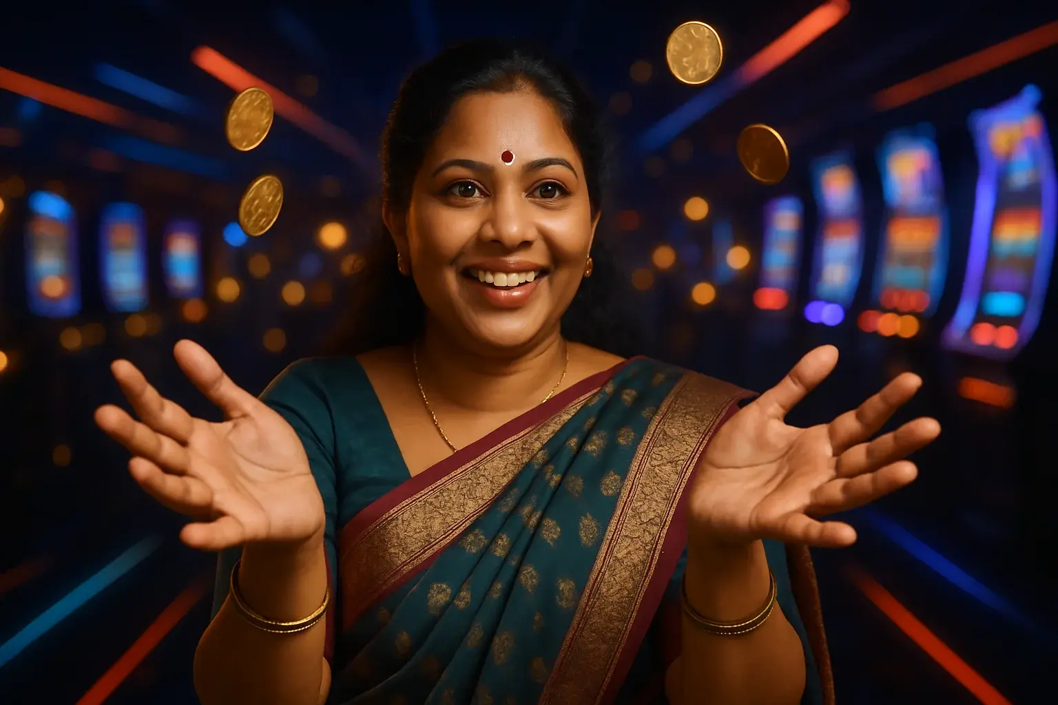 Happy Bangladeshi woman in elegant saree catching imaginary coins in casino